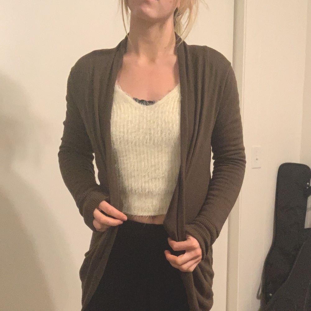olive colored long cardigan